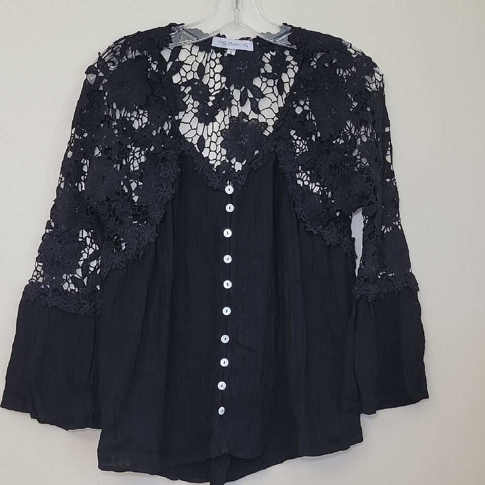 Lace Button Front Woman's Top‎ Bell Witchy Fairy Whimsigoth Grunge Boho